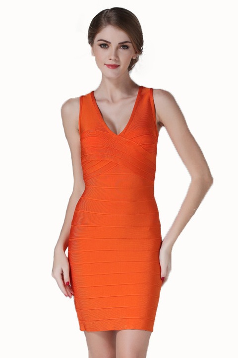 Regina's Desire - Narancssárga V-nakyú Ujjatlan Alakformáló Bandage Ruha - M