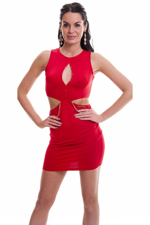 Regina's Desire - Ujjatlan Kivágott Láncos Ruha Kristályokkal - Piros - M