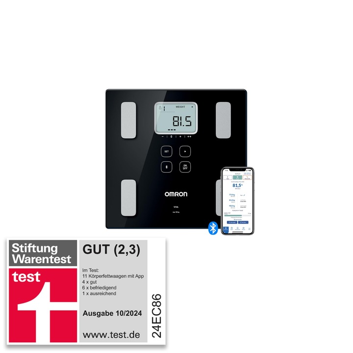 Omron Viva – Stiftung Warentest 10/24 смарт везна за анализ, с Bluetooth и приложение, измерва телесни мазнини, тегло, висцерална, скелетна мускулна маса, основна метаболитна скорост и ИТМ, за 4 потребители, скала за телесни мазнини