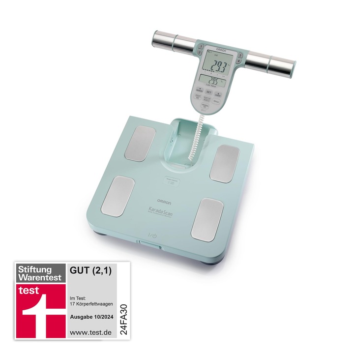 Omron Bf511 Body Analyzer, Stiftung Warentest 10/24, клинично валидиран, 8 прецизни сензора за измерване на ръцете и краката, измерва теглото, телесните мазнини, висцералната мазнина, мускулната маса, скала за телесни мазнини