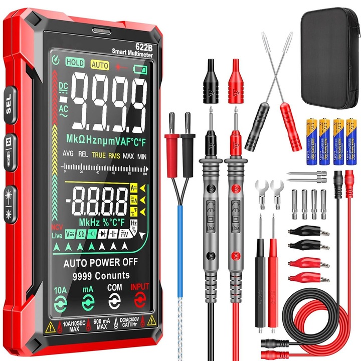 Мултицет със сензорен екран, MOSMAOO, интелигентен, цифров, цветен инверсен дисплей VA, 9999, автоматично предупреждение и откриване, инфрачервена лазерна светлина, с фенерче, куфар за носене, червен