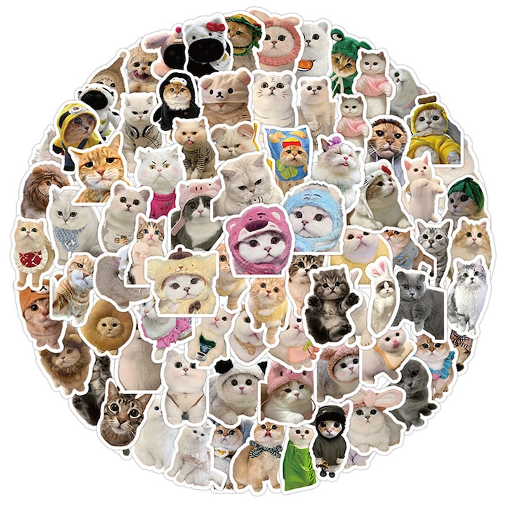 Set autocolante personalizate cu meme-uri de pisici, AMRINUGL, 100 buc, waterproof, designuri vesele