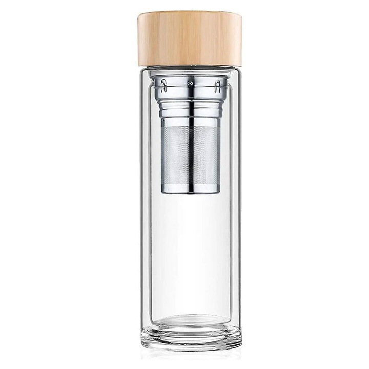 Кристална бутилка за вода, AMRINUGL, двустенно боросиликатно стъкло, филтър от неръждаема стомана, неопренова дръжка, за многократна употреба, херметична