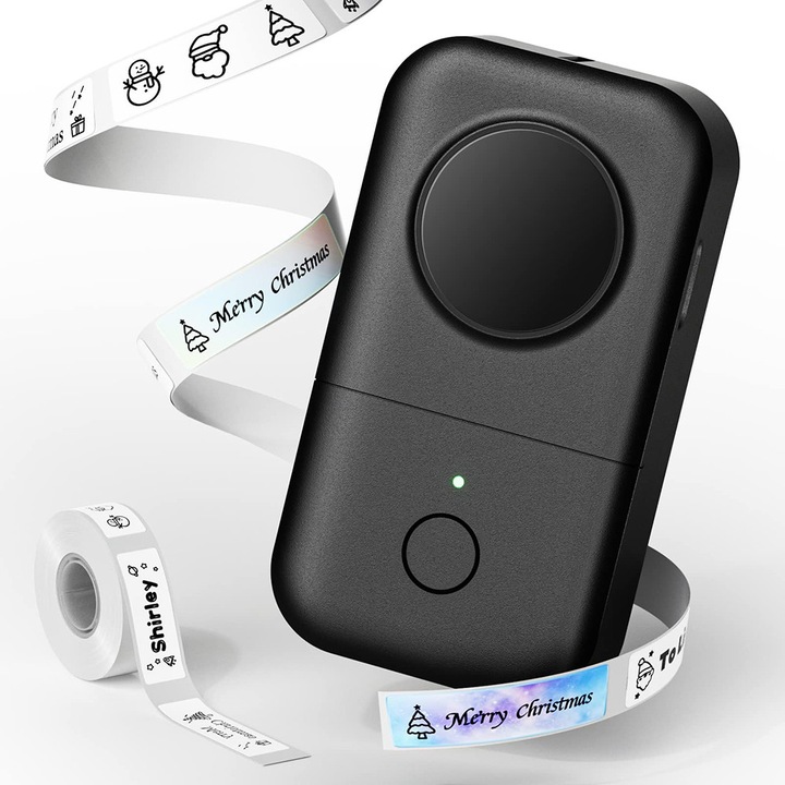 HERUSI D30 hordozható hőnyomtató, fekete, kompakt, Bluetooth