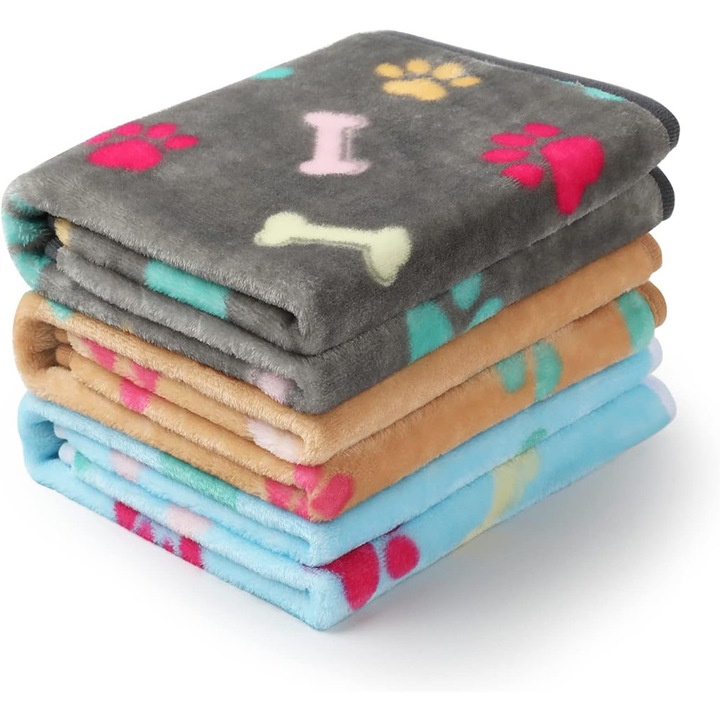 Culcusuri pentru animale Enforose, set 3 piese, fleece flanel cu imprimeu labute, super moale, multicolor, 70x100cm