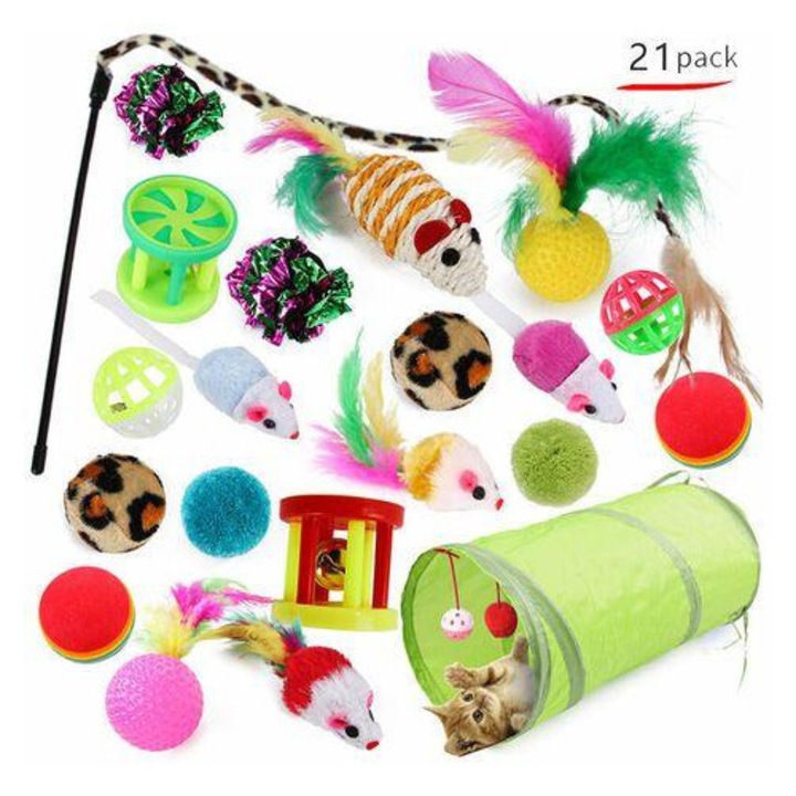 Set jucarii interactive pentru pisici, Enforose, tunel curcubeu 3 directii, 21 piese, material rezistent la rupere