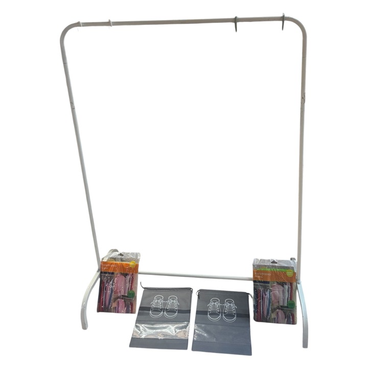 Комплект за организиране на дрехи, 1 метална стойка, 2 чанти за обувки, 2 калъфа за дрехи
