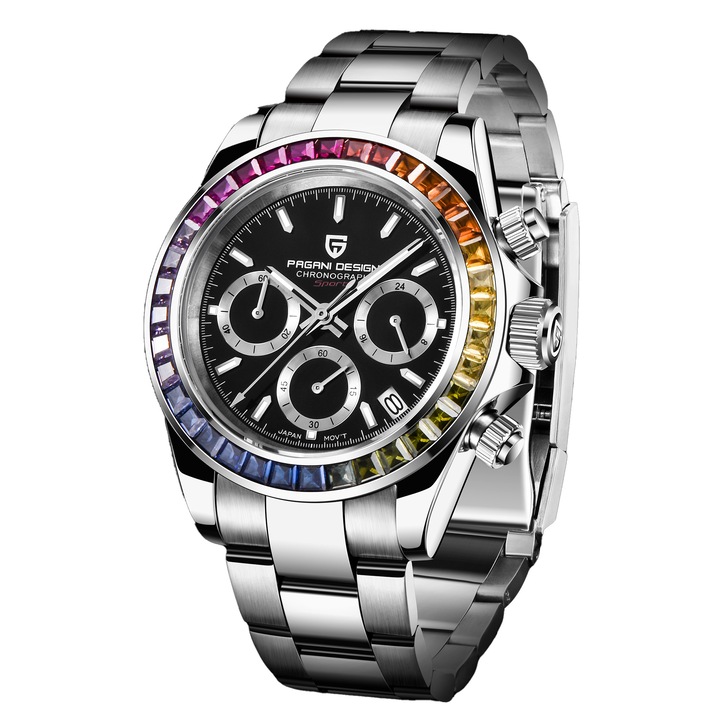 Мъжки часовник Pagani Design Scopic, Кварцов, Неръждаема стомана, Хронограф, Многоцветен / Черен
