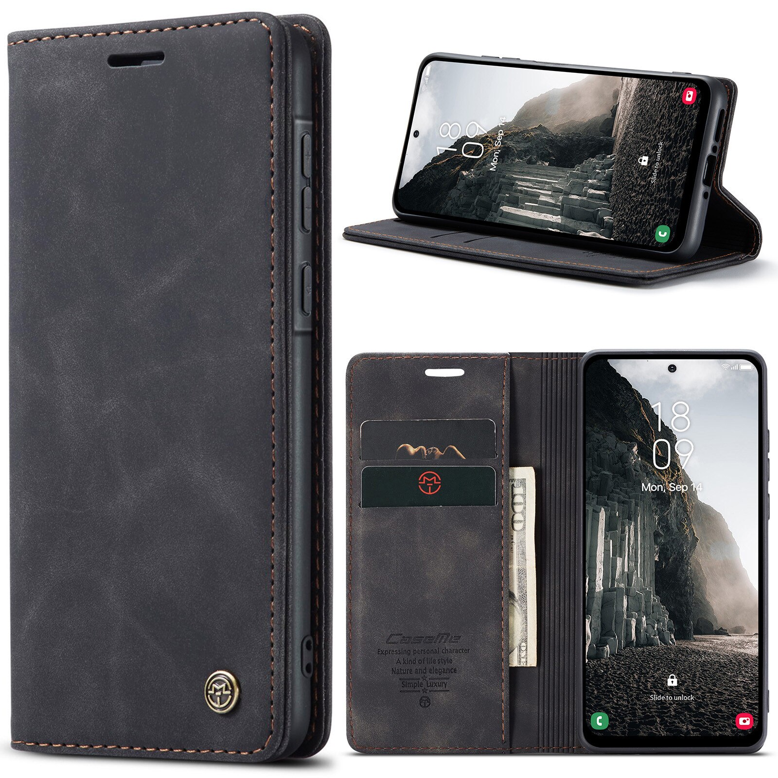 Husa pentru Samsung Galaxy A56, CaseMe, slim piele, tip portofel, stand, inchidere magnetica, textura catifelata, Negru