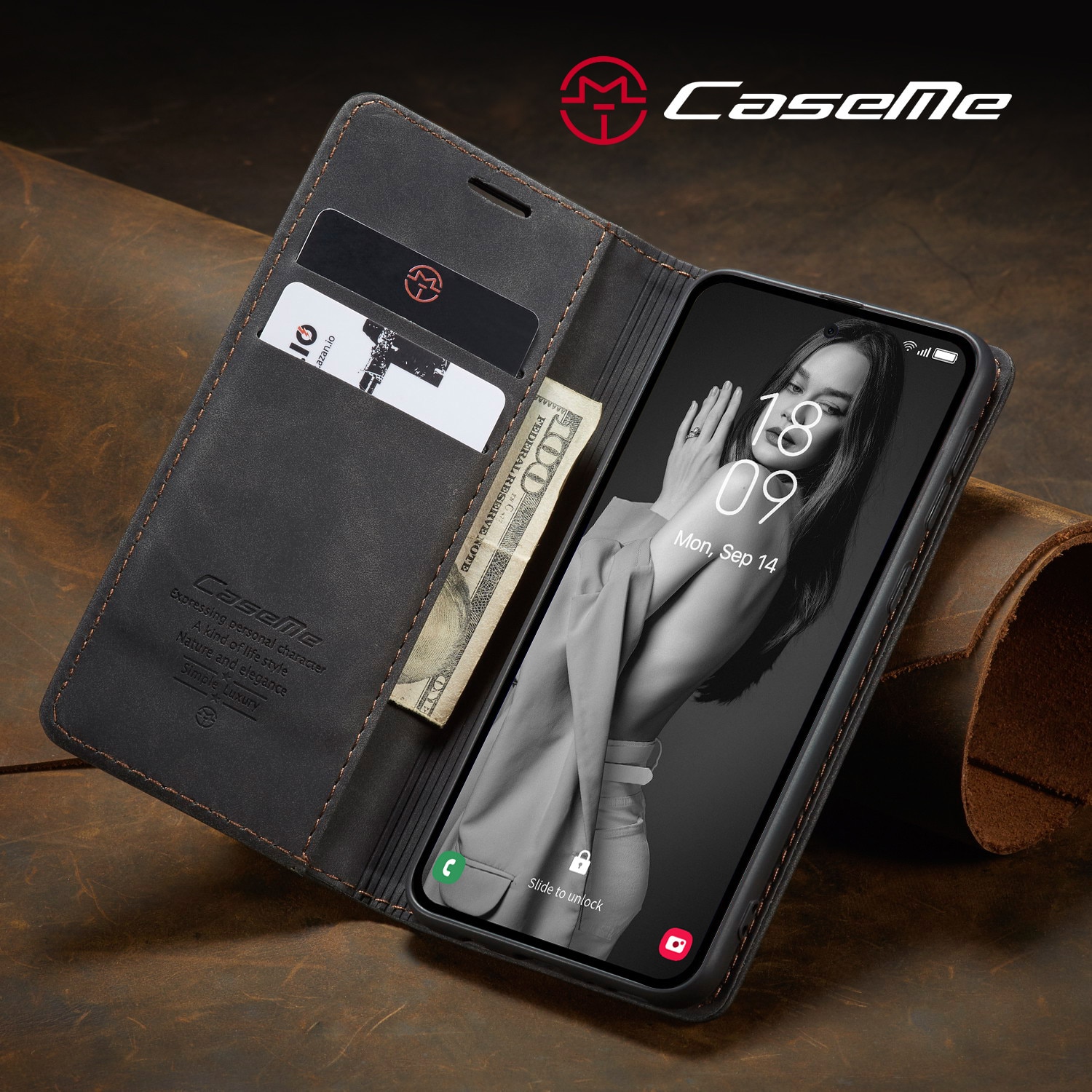 Husa pentru Samsung Galaxy A56, CaseMe, slim piele, tip portofel, stand, inchidere magnetica, textura catifelata, Negru