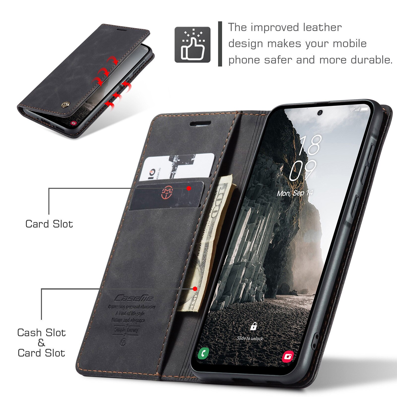 Husa pentru Samsung Galaxy A56, CaseMe, slim piele, tip portofel, stand, inchidere magnetica, textura catifelata, Negru