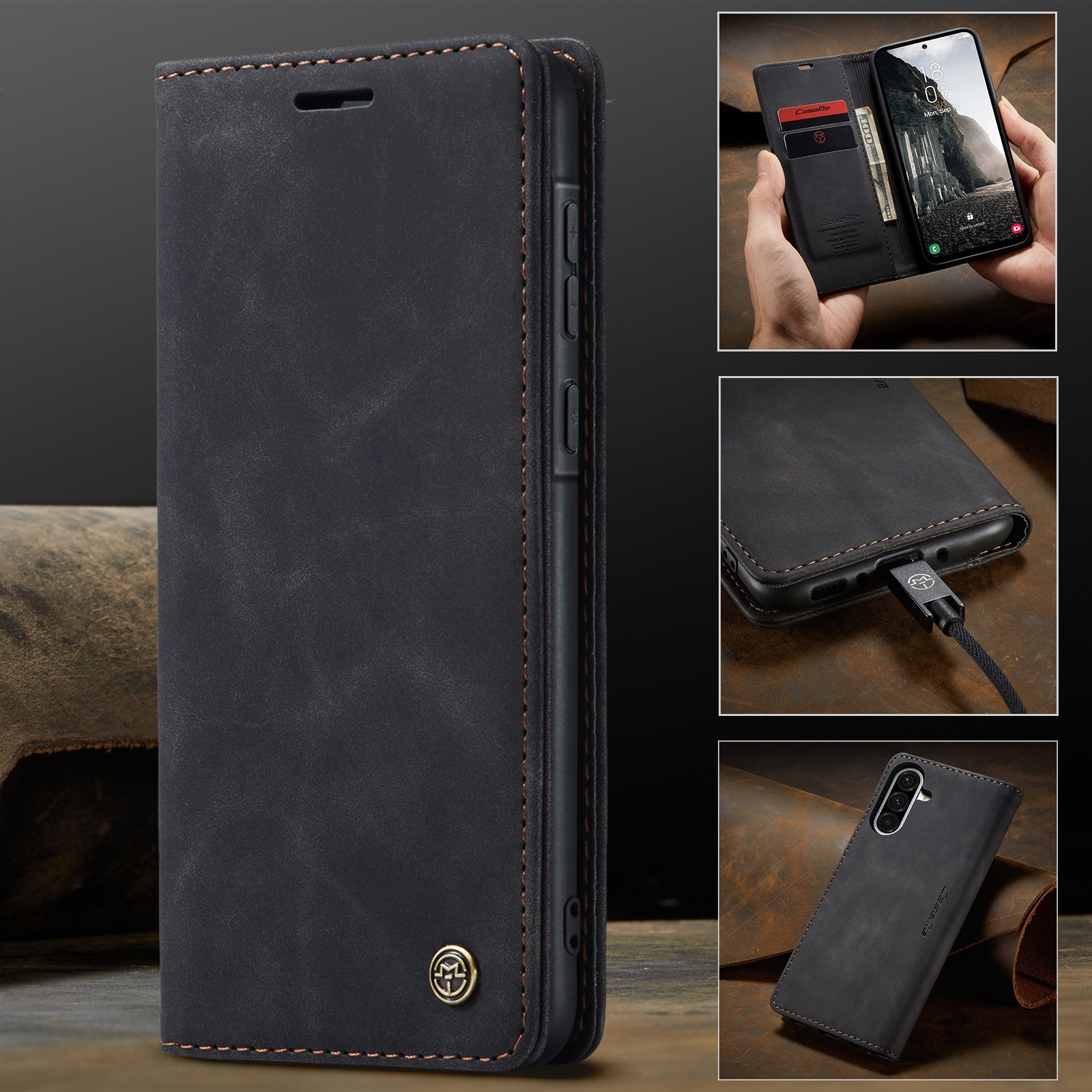 Husa pentru Samsung Galaxy A56, CaseMe, slim piele, tip portofel, stand, inchidere magnetica, textura catifelata, Negru