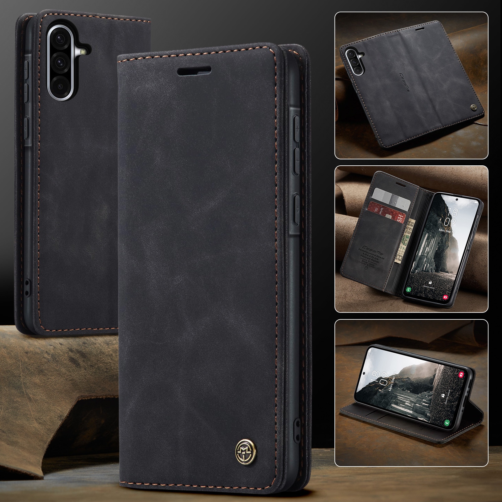 Husa pentru Samsung Galaxy A56, CaseMe, slim piele, tip portofel, stand, inchidere magnetica, textura catifelata, Negru