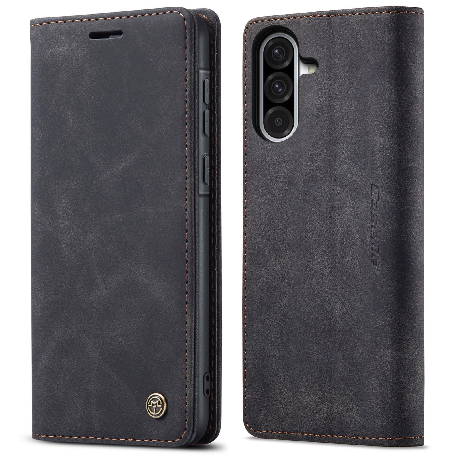 Husa pentru Samsung Galaxy A56, CaseMe, slim piele, tip portofel, stand, inchidere magnetica, textura catifelata, Negru
