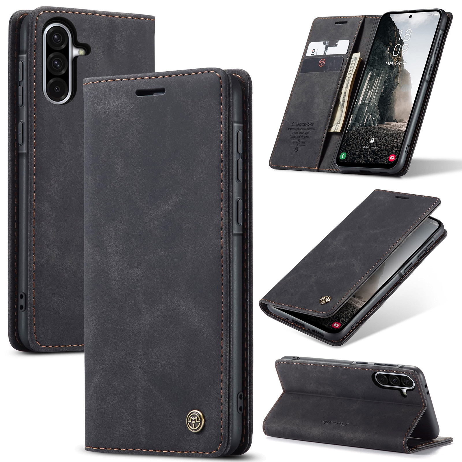 Husa pentru Samsung Galaxy A56, CaseMe, slim piele, tip portofel, stand, inchidere magnetica, textura catifelata, Negru