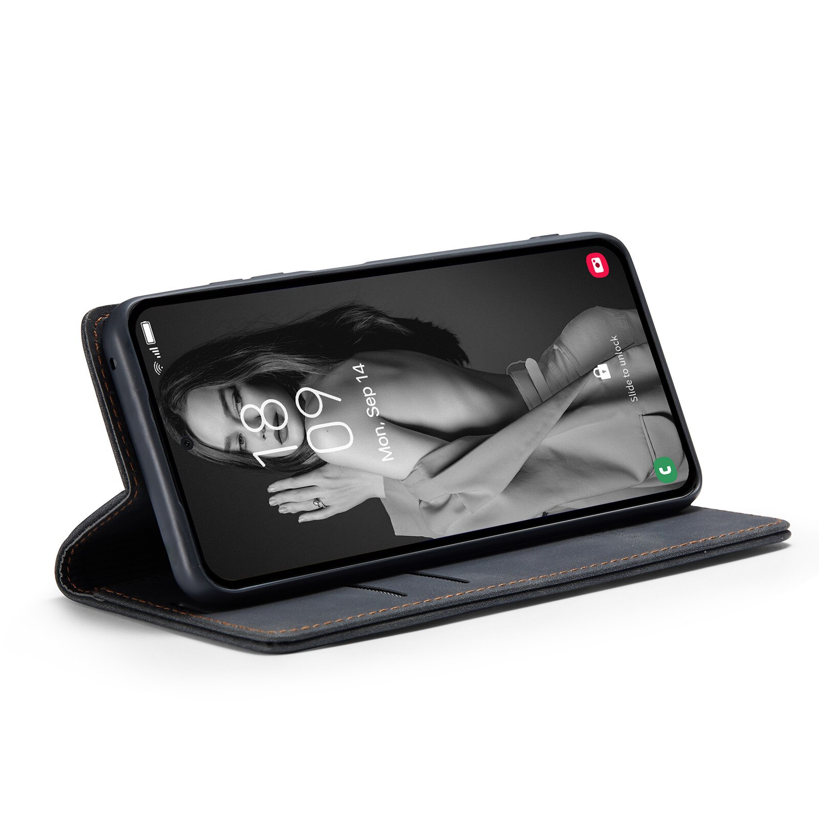 Husa pentru Samsung Galaxy A56, CaseMe, slim piele, tip portofel, stand, inchidere magnetica, textura catifelata, Negru