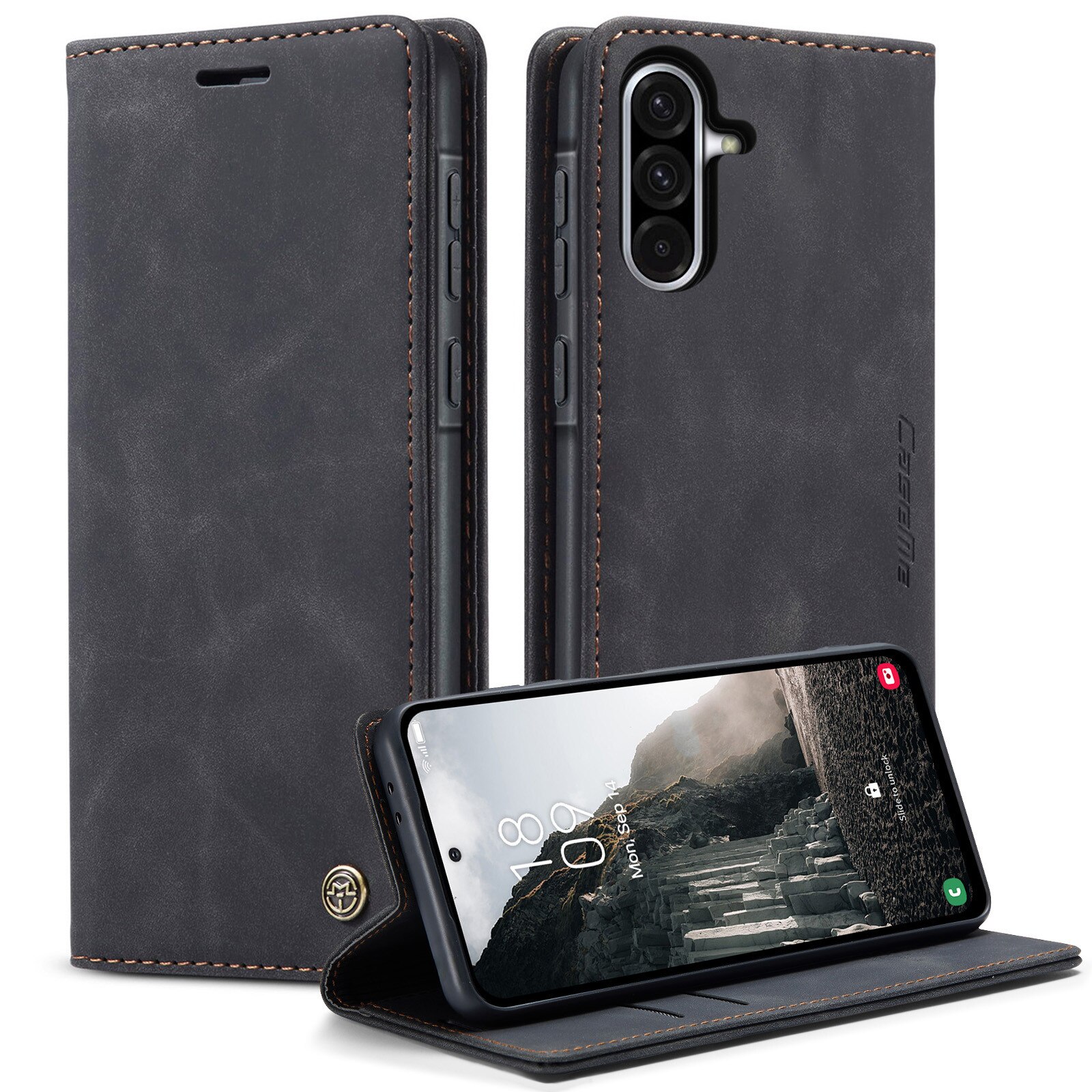 Husa pentru Samsung Galaxy A56, CaseMe, slim piele, tip portofel, stand, inchidere magnetica, textura catifelata, Negru
