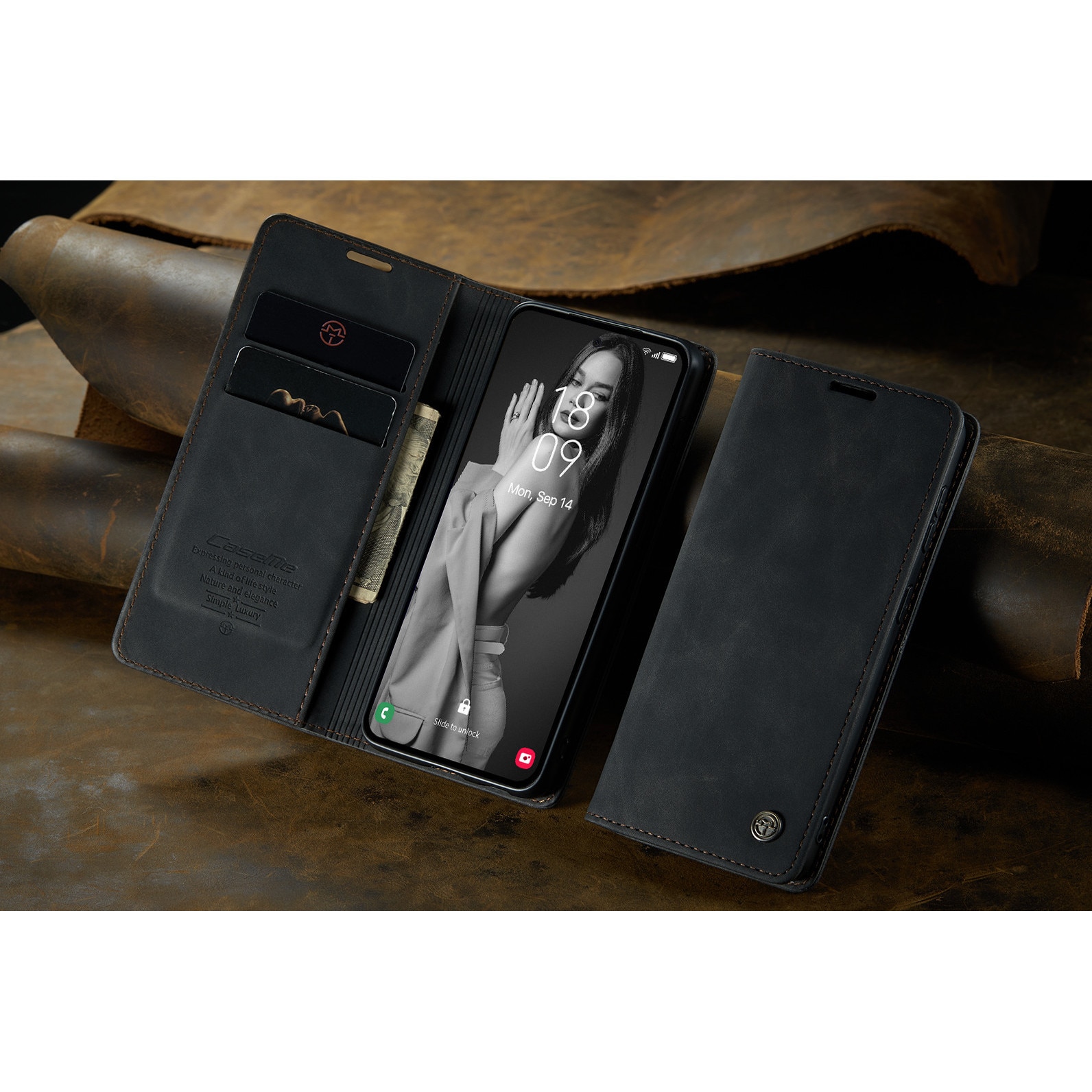 Husa pentru Samsung Galaxy A56, CaseMe, slim piele, tip portofel, stand, inchidere magnetica, textura catifelata, Negru