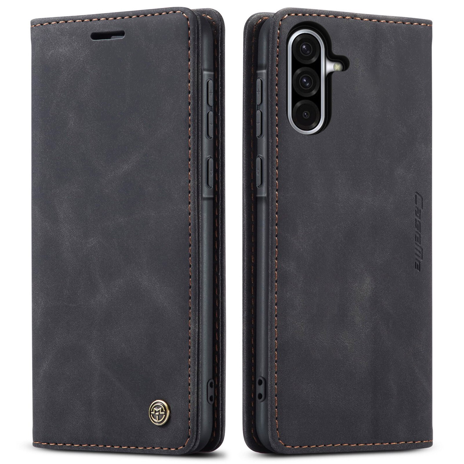 Husa pentru Samsung Galaxy A56, CaseMe, slim piele, tip portofel, stand, inchidere magnetica, textura catifelata, Negru