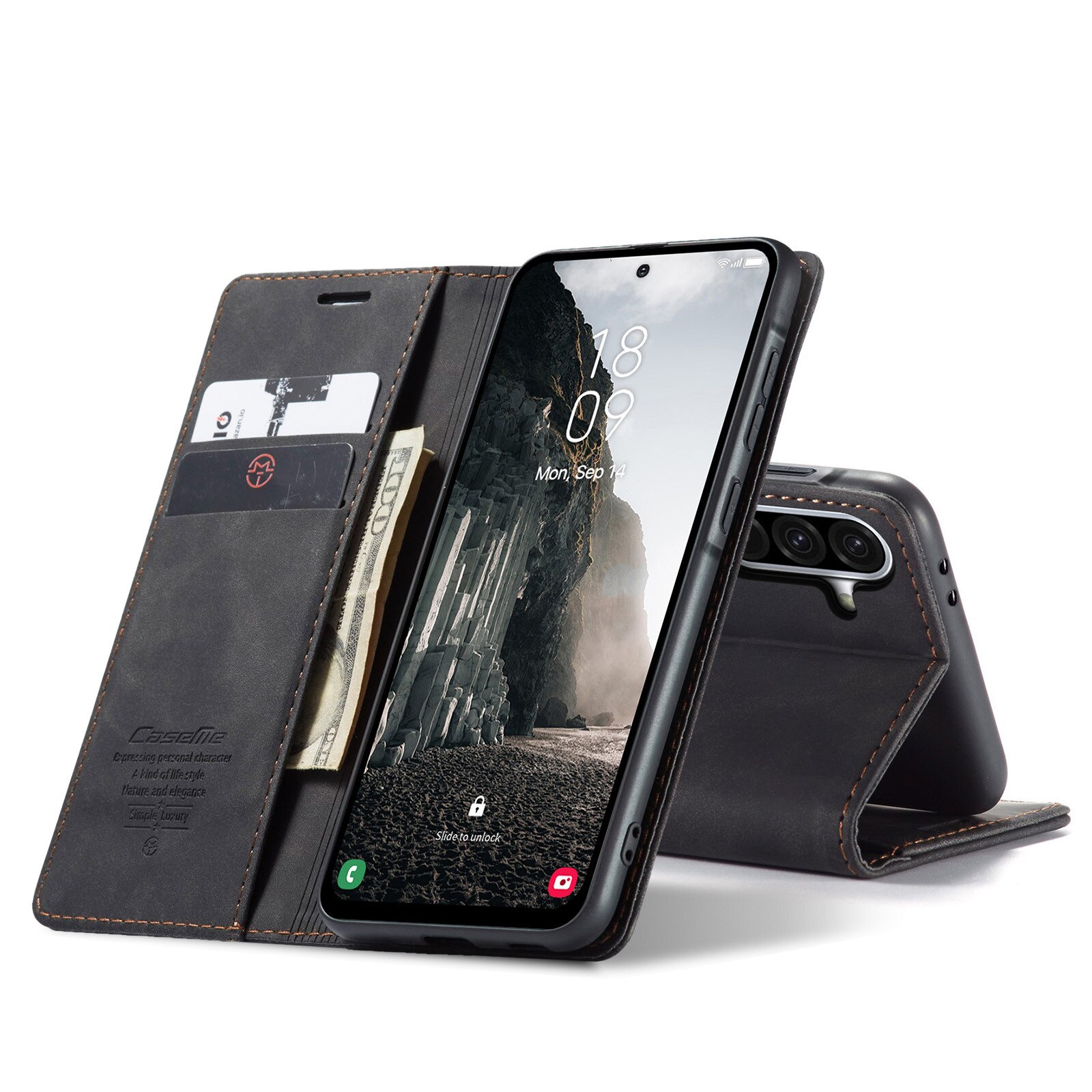 Husa pentru Samsung Galaxy A56, CaseMe, slim piele, tip portofel, stand, inchidere magnetica, textura catifelata, Negru