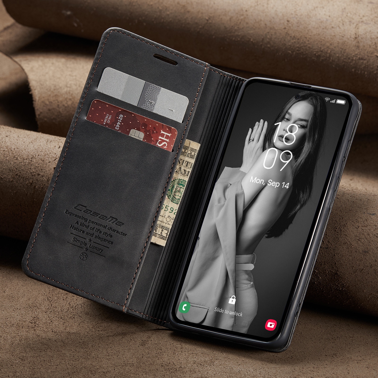 Husa pentru Samsung Galaxy A56, CaseMe, slim piele, tip portofel, stand, inchidere magnetica, textura catifelata, Negru