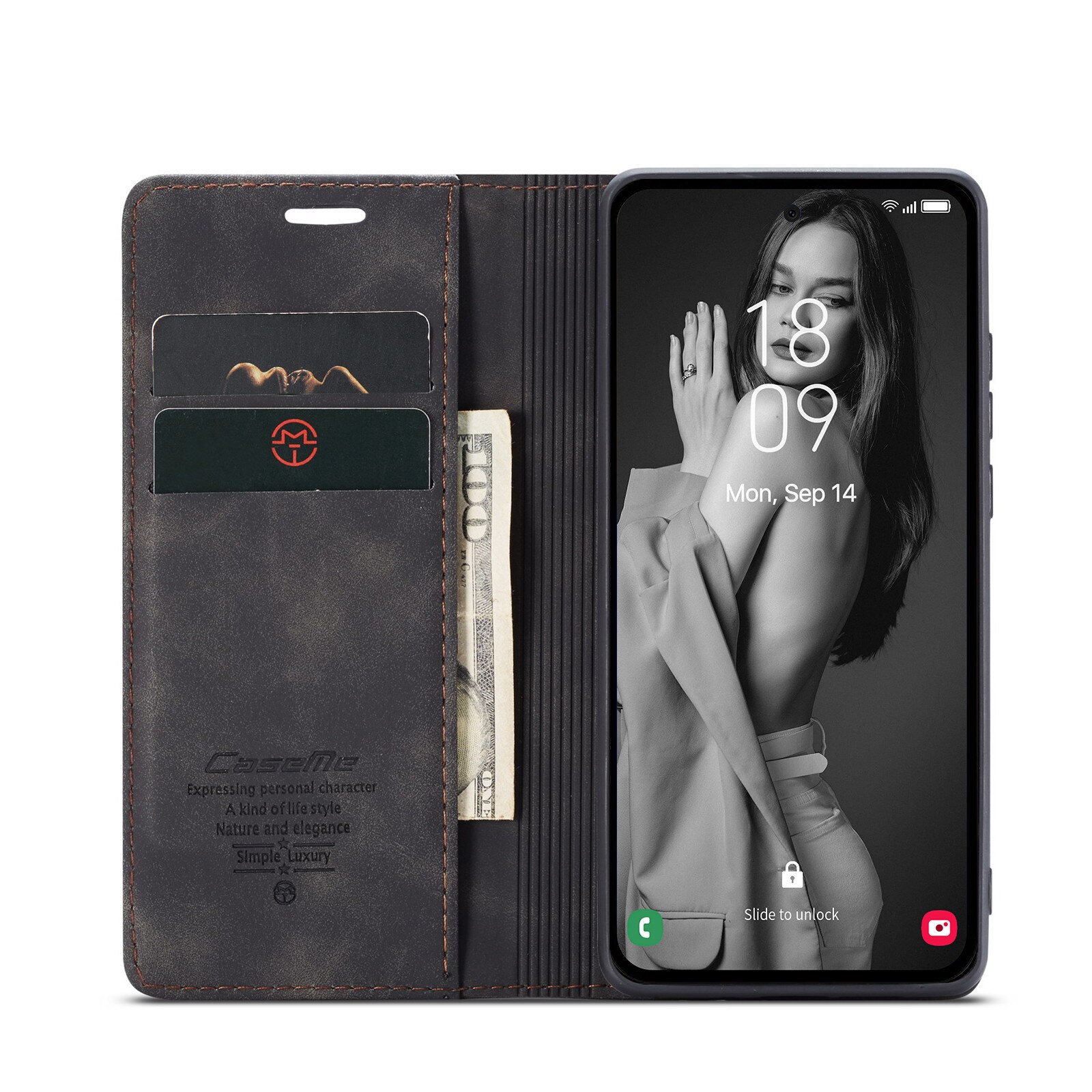 Husa pentru Samsung Galaxy A56, CaseMe, slim piele, tip portofel, stand, inchidere magnetica, textura catifelata, Negru