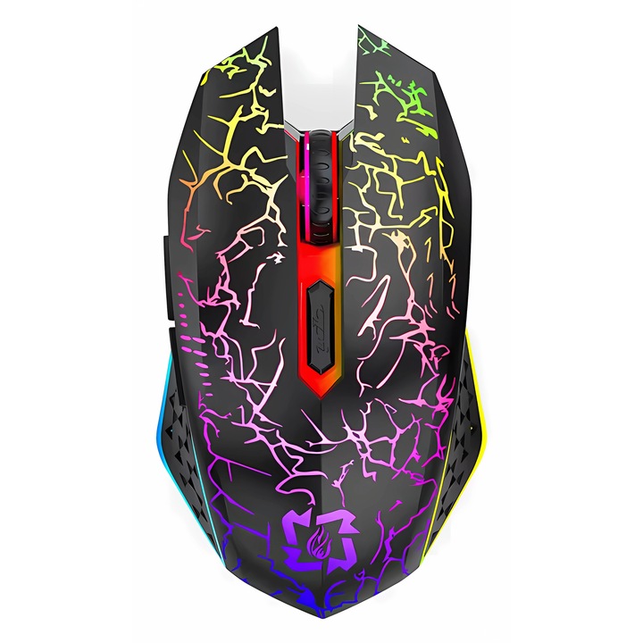 Геймърска мишка Bervolo Spider, безжична, двоен режим (Bluetooth 5.2 + 2.4GHz), RGB, 6 безшумни бутона, 1600 DPI, презареждаема (Type-C), ергономична, съвместима с Windows/MacOS/Linux, черна