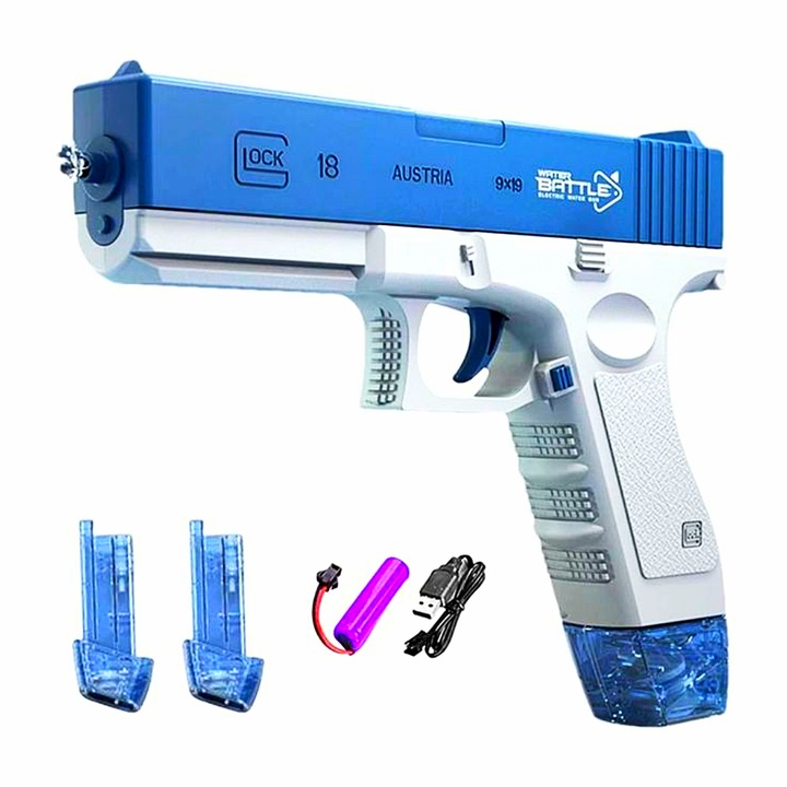 Pistol cu Apa Electric Automat Glock 18 cu 2 Incarcatoare Jet Continuu si Rezervor Distanta de Tragere 10m Cu Acumulator 3,7V Incarcare USB Alb/Albastru SprintMag®