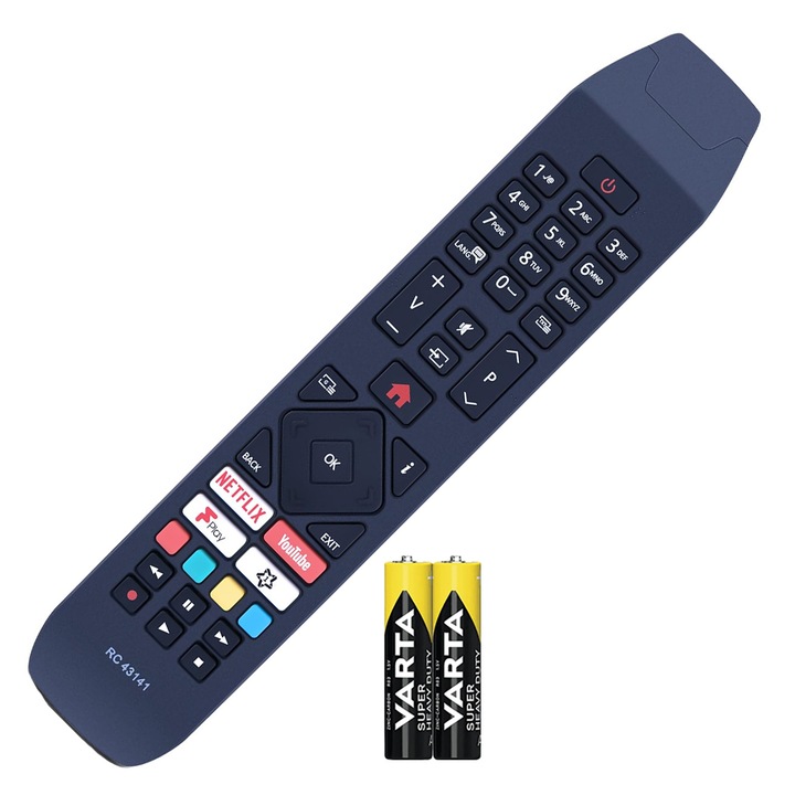 Telecomanda, KNTECH®, RC43140/RC43141, compatibila cu LED/TV Hitachi smart, butoane dedicate Netflix, Youtube, Prime Video, baterii incluse