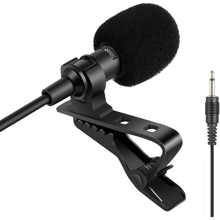 Microfon lavalier clip-on, design miniatural, negru, compatibil cu amplificatoare vocale portabile, 3.5mm