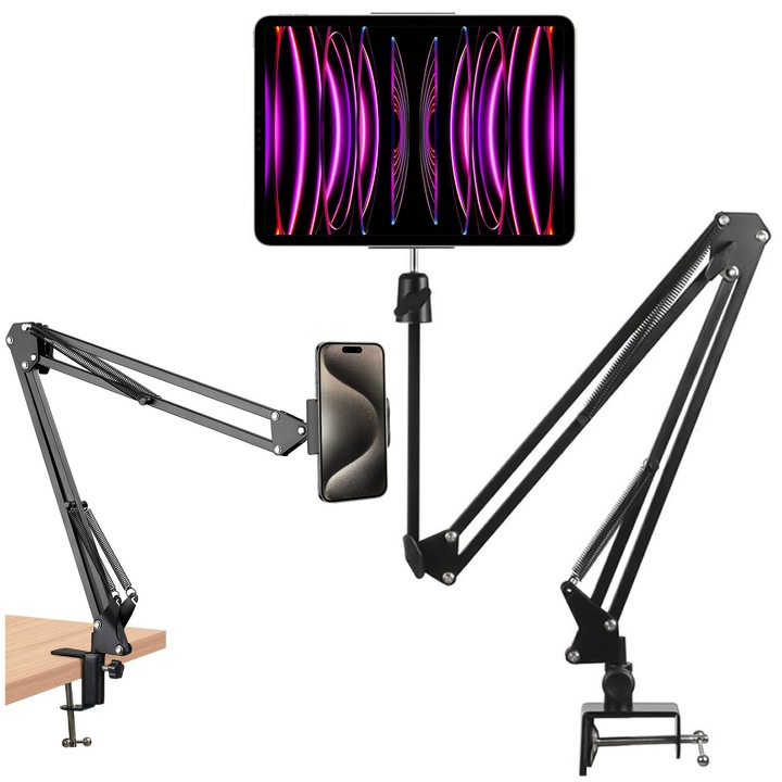 Állítható asztali állvány 4”–11” telefonokkal és táblagépekkel kompatibilis, kihúzható karok, 360°-ban forgatható fej, kompakt kialakítás - fekete