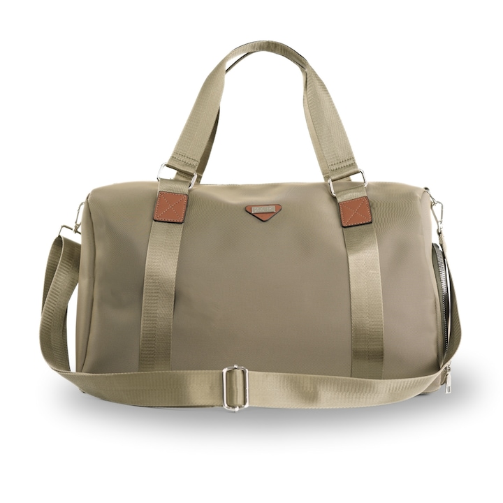 Solier FB51 Rimma női hétvégi táska nylonból, tágas, vízálló, állítható pánttal, ideális utazáshoz és edzőterembe, Khaki, 45 cm x 34 cm x 17 cm