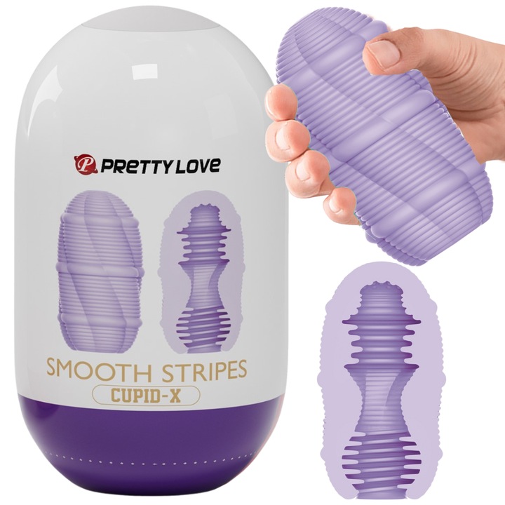 Вагинален мастурбатор Pretty love, Cupid-x гладки ивици, 10 x 5.6 см, Интензивно удоволствие, Двустранна текстура, За мъже, Реалистични усещания, TPR, Лилав