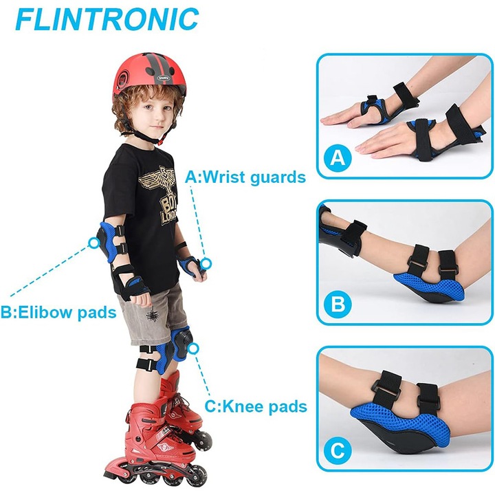 Set de Protectie BOMSTOM® Genunchiere, Cotiere, Aparatori Incheietura, Marimea S, pentru Copii, Potrivit pentru Sport, Ciclism, Role, Trotineta, SkateBoard, Aparatorare Bicicleta, Mansete cu Arici, Echipament Sport Reglabil, Negru/Albastru