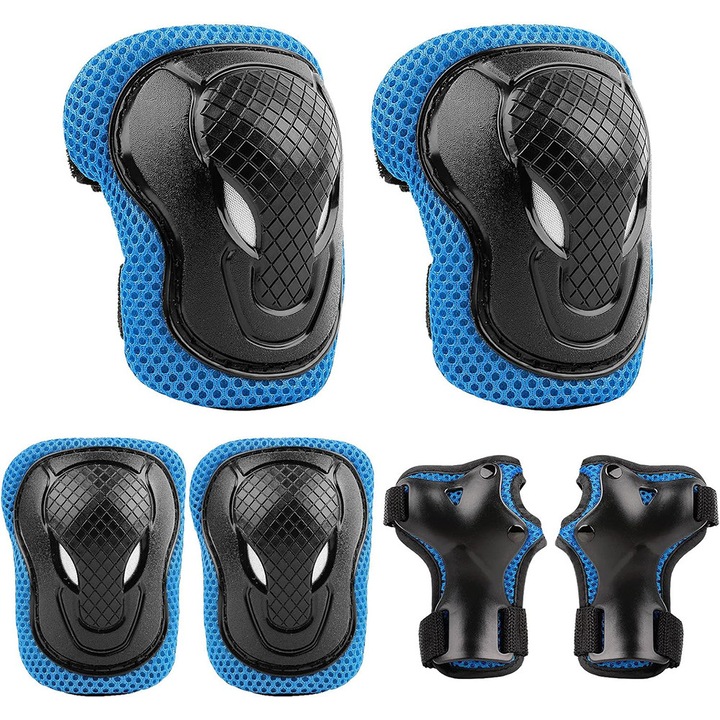 Set de Protectie BOMSTOM® Genunchiere, Cotiere, Aparatori Incheietura, Marimea S, pentru Copii, Potrivit pentru Sport, Ciclism, Role, Trotineta, SkateBoard, Aparatorare Bicicleta, Mansete cu Arici, Echipament Sport Reglabil, Negru/Albastru