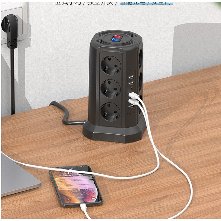 Кубичен разклонител, Разклонител тип кула с 12 контакта (4000W/16A) и 4 USB порта, Преносим USB разклонител 16 в 1 с превключвател, защита от претоварване, 2M кабел за офис
