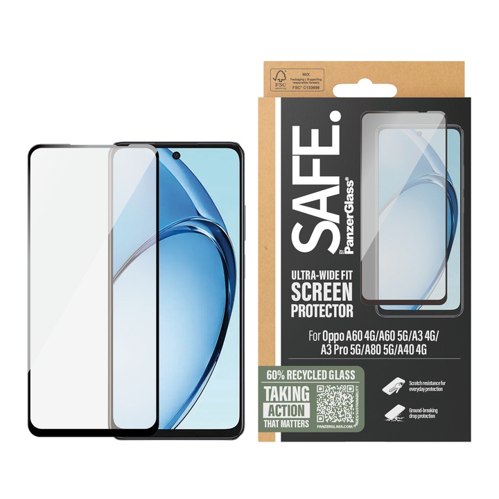 Стъклен протектор Safe за Oppo A60 4G, A60 5G, A3 4G, A3 Pro 5G, A80 5G, A40 4G, UWF, Прозрачен
