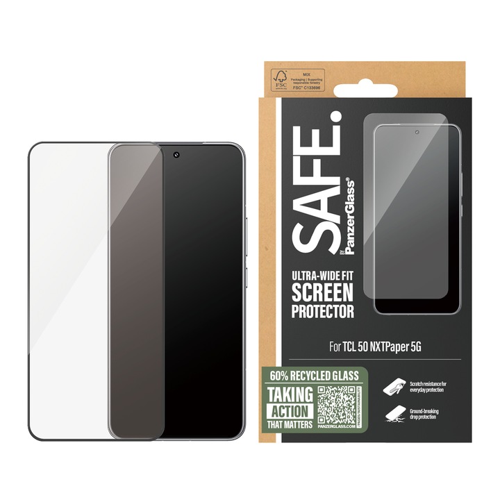 Стъклен протектор Safe за TCL 50 NxtPaper 5G, UWF, Прозрачен