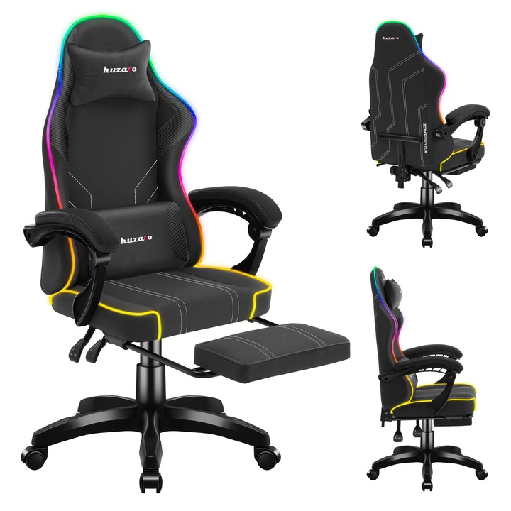 Геймърски стол, Huzaro, Force 3.7, опора за краката, дишащ материал, Черно RGB