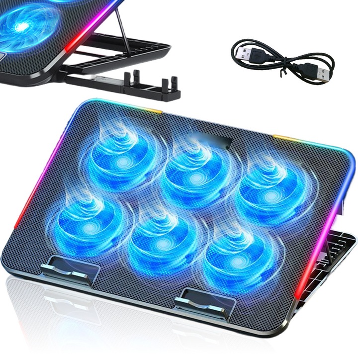 Professional RGB Gaming Laptop Cooler, Noonedibs, 8 setari de inaltime, racire puternica cu sase nuclee, debit de aer reglabil, compatibilitate puternica, design cu zgomot redus, cu suport detasabil pentru telefon, lumini RGB colorate, porturi USB, negru