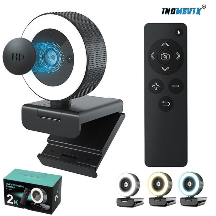 INOMEVIX® webkamera, 2K QHD, 4 MP webkamera, mikrofon, kettős sztereó -26 DB zajcsökkentéssel, ideális konferenciákhoz és streaminghez, autofókusz, 3 féle állítható fény, 89°-os filmezési szög, mágneses védőburkolat mellékelve, Plug and Play