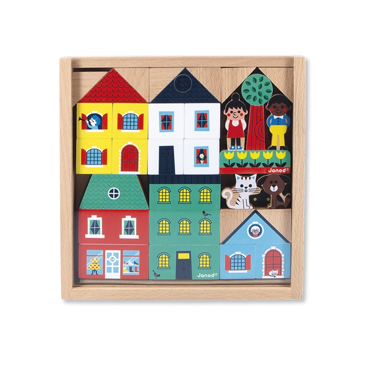 Set de 36 blocuri din lemn, Janod, Cross Roads, orasul, 2 ani+