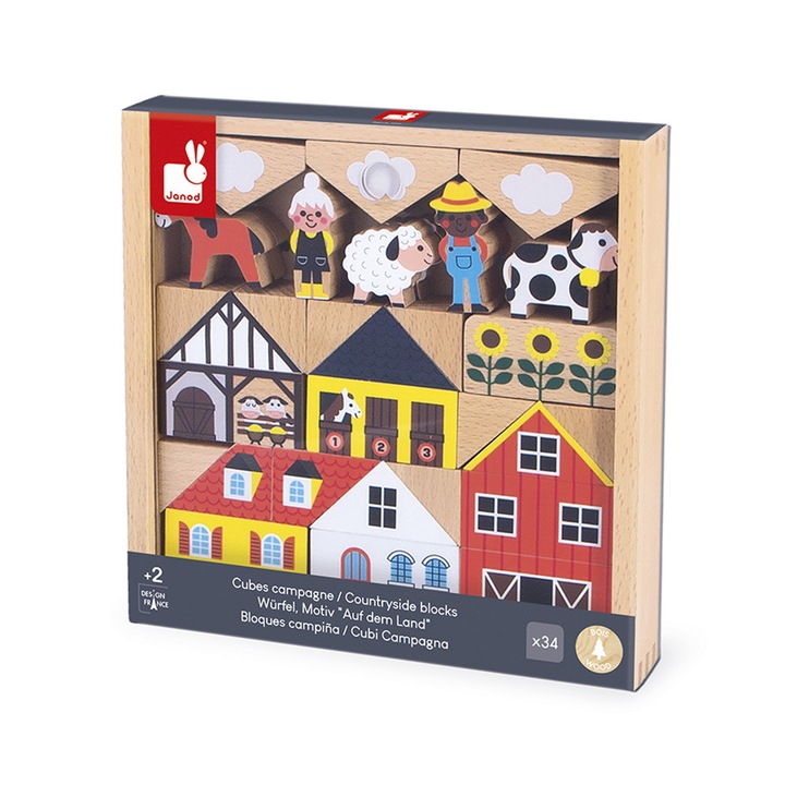 Set de 34 blocuri din lemn, Janod, Cross Roads, viata la tara, 2 ani+