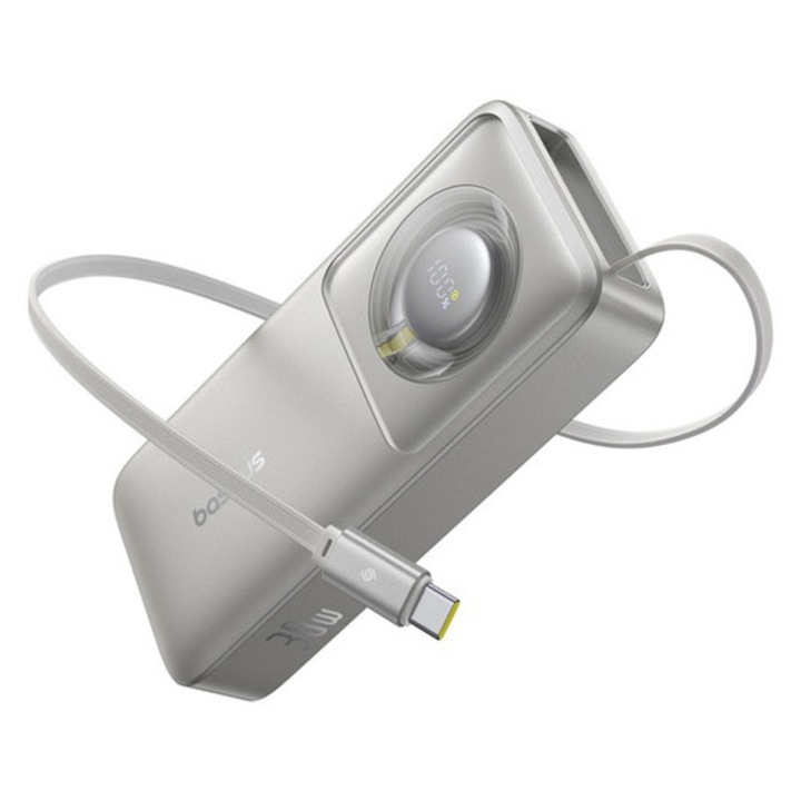 Baseus free2pull vésztöltő type-c aljzat, 10000mah, 30w, pd gyorstöltő, csévélhető + fix type-c kábel, világosszürke