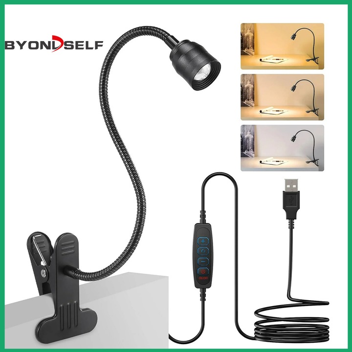Лампа за четене, BYONDSELF®, с регулируем лъч, 3 цветови температури и 10 нива на яркост, с удължителен кабел от 1,5 метра, USB зареждане, регулиране на 360°, черна