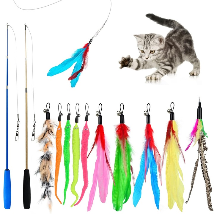 Jucarie Interactiva Pentru Pisici, BYONDSELF®, 2 Tigle Extensibile, 10 Accesorii De Inlocuire Cu Zurgalai, Sistem De Vanatoare Interactiva Si Miscare Distractiva Pentru Pisici, Culori Multiple