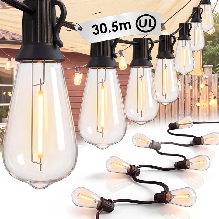 Ghirlanda decorativa LED, BYONDSELF®, 30, 5 m, 50 de lumini LED G40, miez de sarma de cupru pur, cu becuri de interior/exterior/de gradina, IP45 rezistent la apa, 2700K, alb cald, negru oval