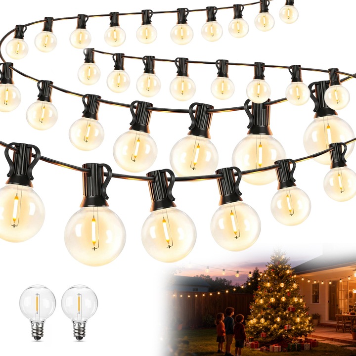 Декоративни гирлянди, BYONDSELF®, 30,5 метра, 50 G40 светодиода, за вътрешна/външна/градинска употреба, водоустойчиви IP45, 2700K, топла бяла светлина, черни