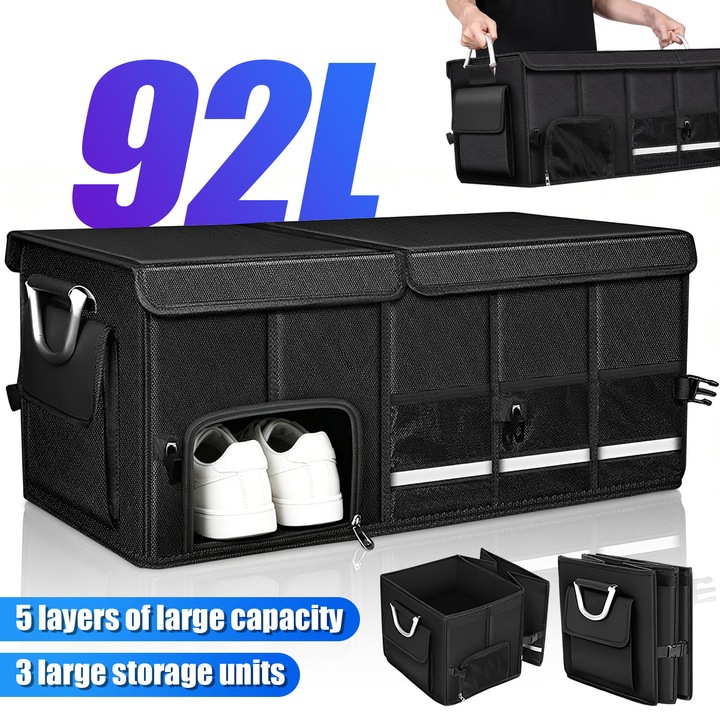 Organizator portbagaj auto multifunctional, BYONDSELF®, ingrosare in 5 straturi, 3 compartimente mari pentru depozitare, 92L, pliabil, rezistent, cu deschidere pentru depozitarea pantofilor, cu benzi reflectorizante, negru