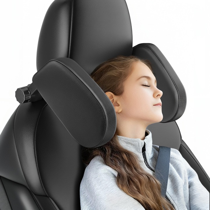 Suport Ergonomic Tetiera Auto, BYONDSELF®, piele ecologica, protectie pentru gat, cap si col uterin, spuma cu memorie, reglabil, potrivit pentru copii si adulti, negru